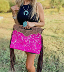 pink fringe cowhide purse