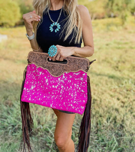pink fringe cowhide purse